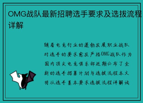 OMG战队最新招聘选手要求及选拔流程详解